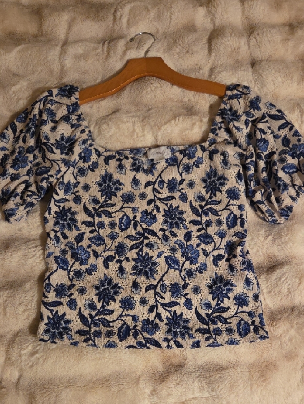 Cotton Club Cream Puff-Sleeve Blouse with Blue Floral Print
